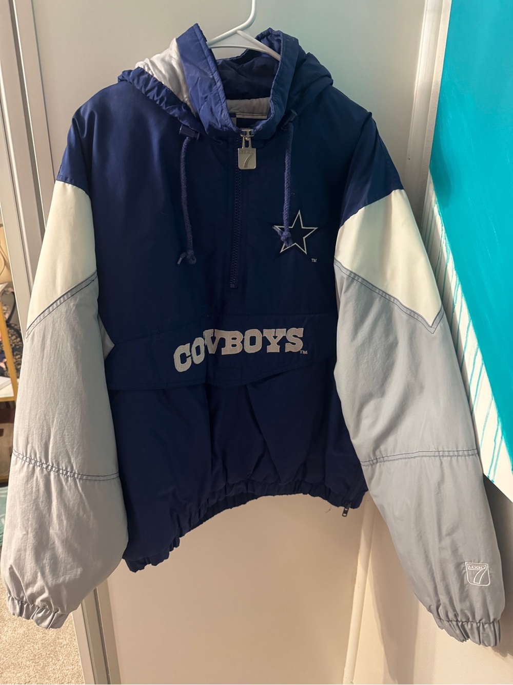 Vintage 90s LOGO 7 Navy & Gray Dallas Cowboys NFL Hooded Pullover Puffer Jacket